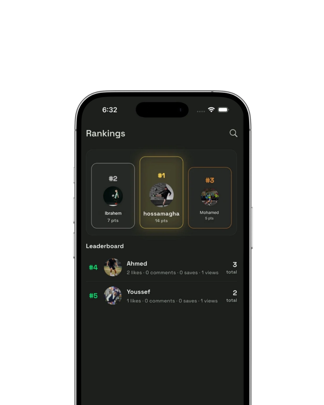 The Scout rankings screen with top three spotlight and leaderboard list.