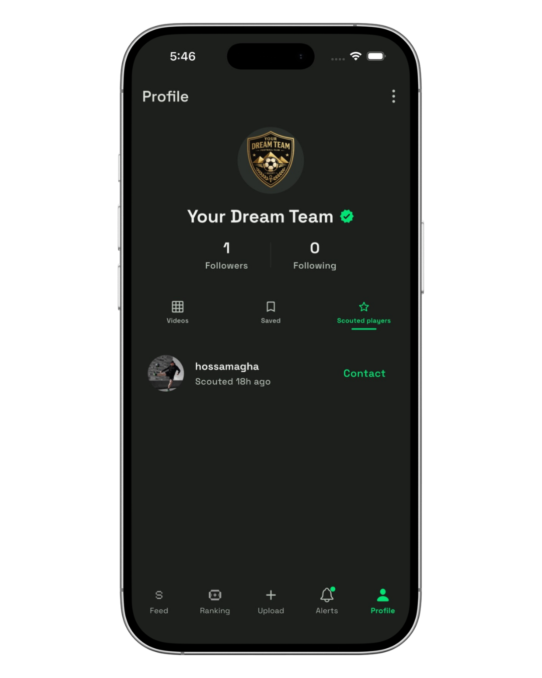 Club profile with Scouted players tab and a player row.