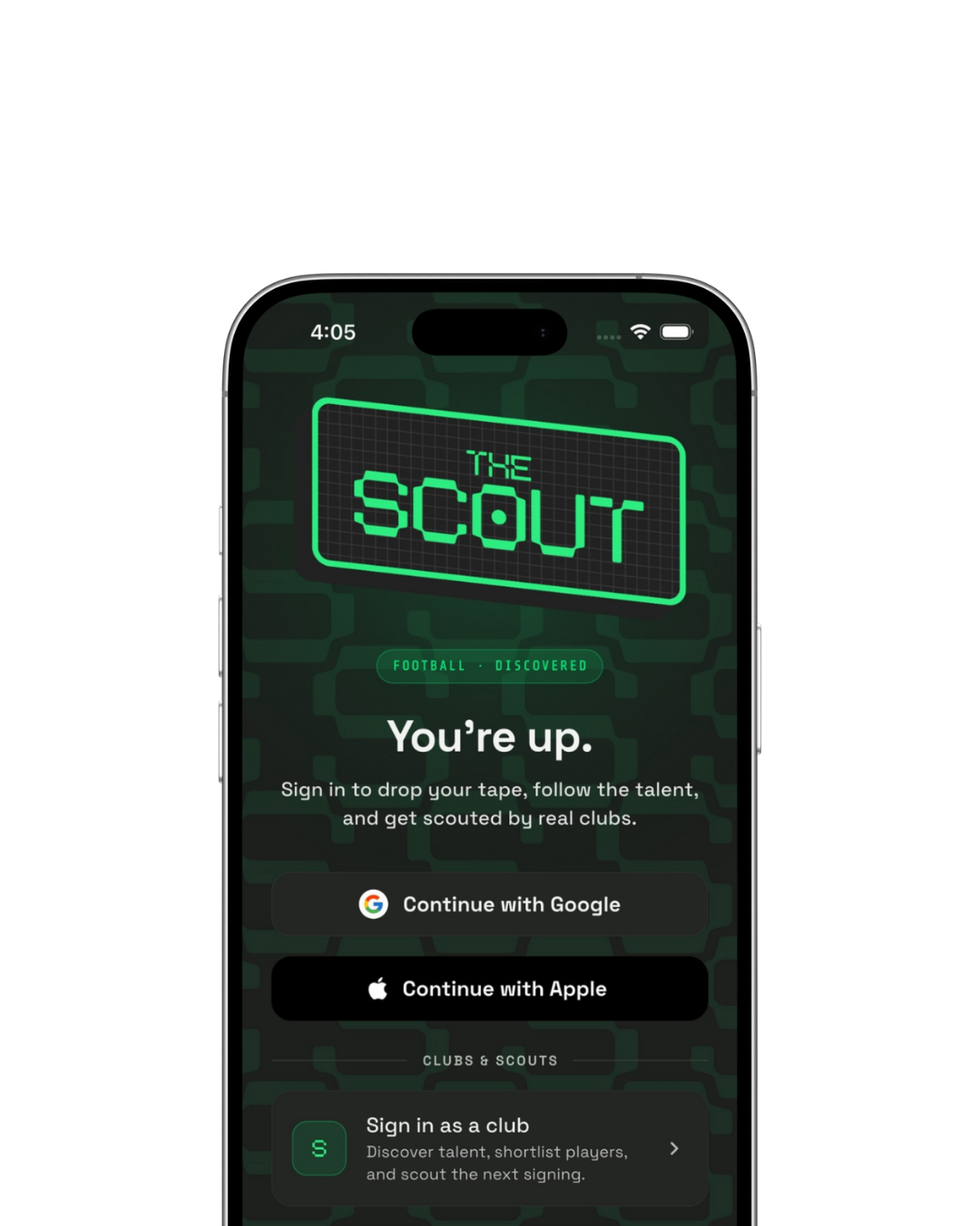 The Scout sign in screen with Continue with Google and Continue with Apple.