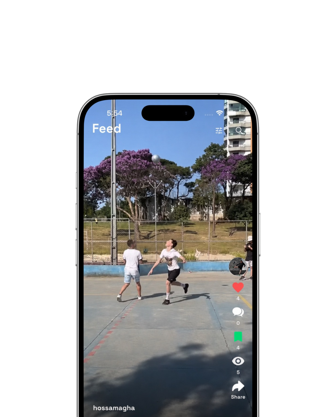 The Scout feed with a full screen clip and engagement actions.
